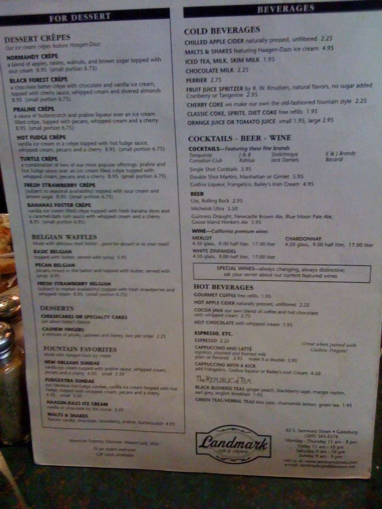 Menu at Landmark Cafe, Galesburg