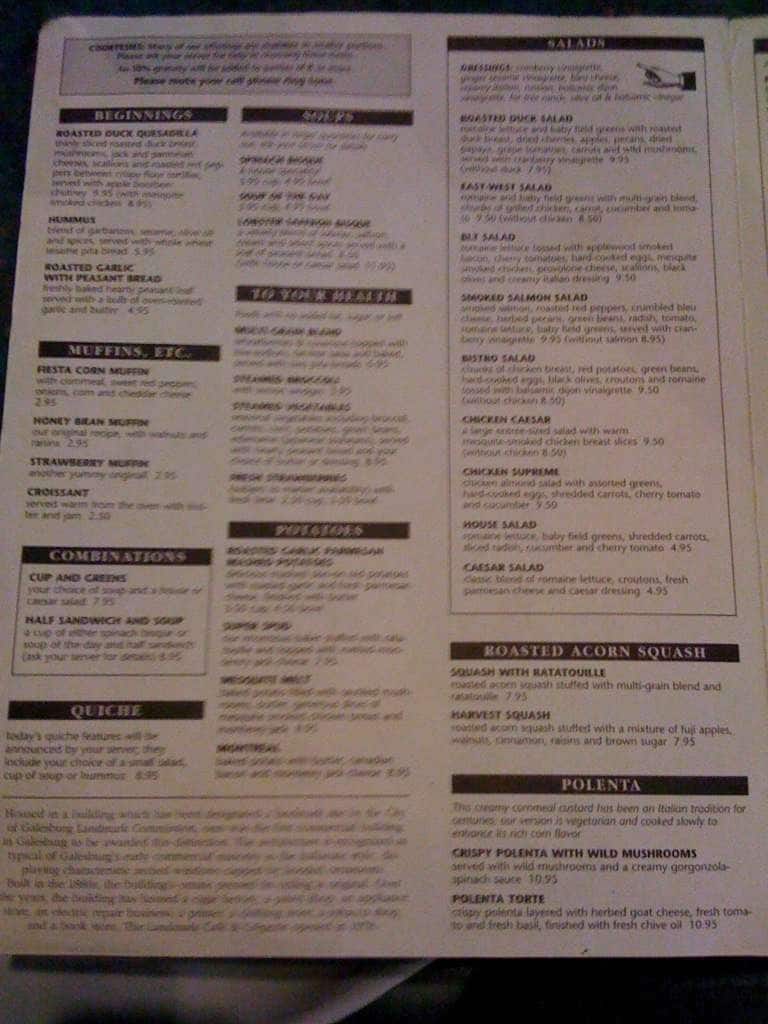 Menu at Landmark Cafe, Galesburg
