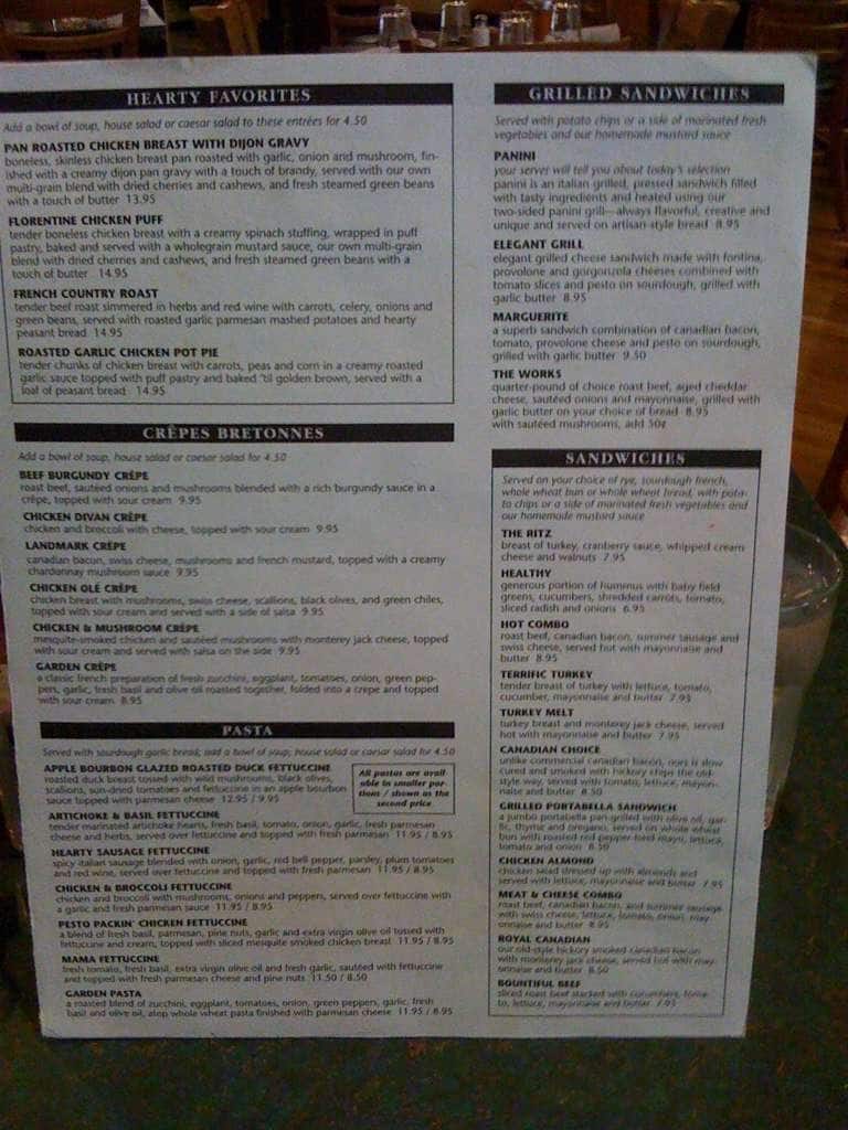 Menu at Landmark Cafe, Galesburg