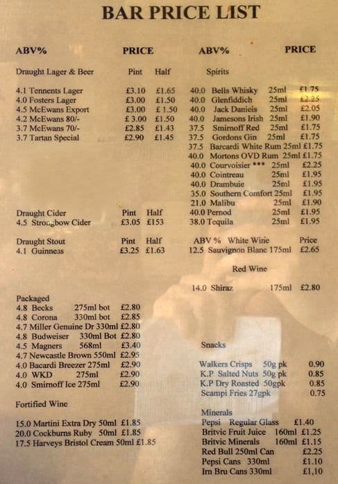 Middletons Bar menu