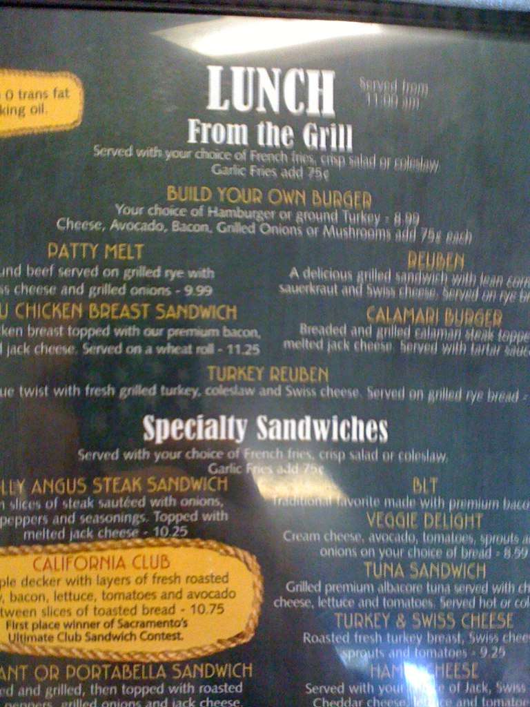 Menu at Rivers Edge Cafe, Sacramento