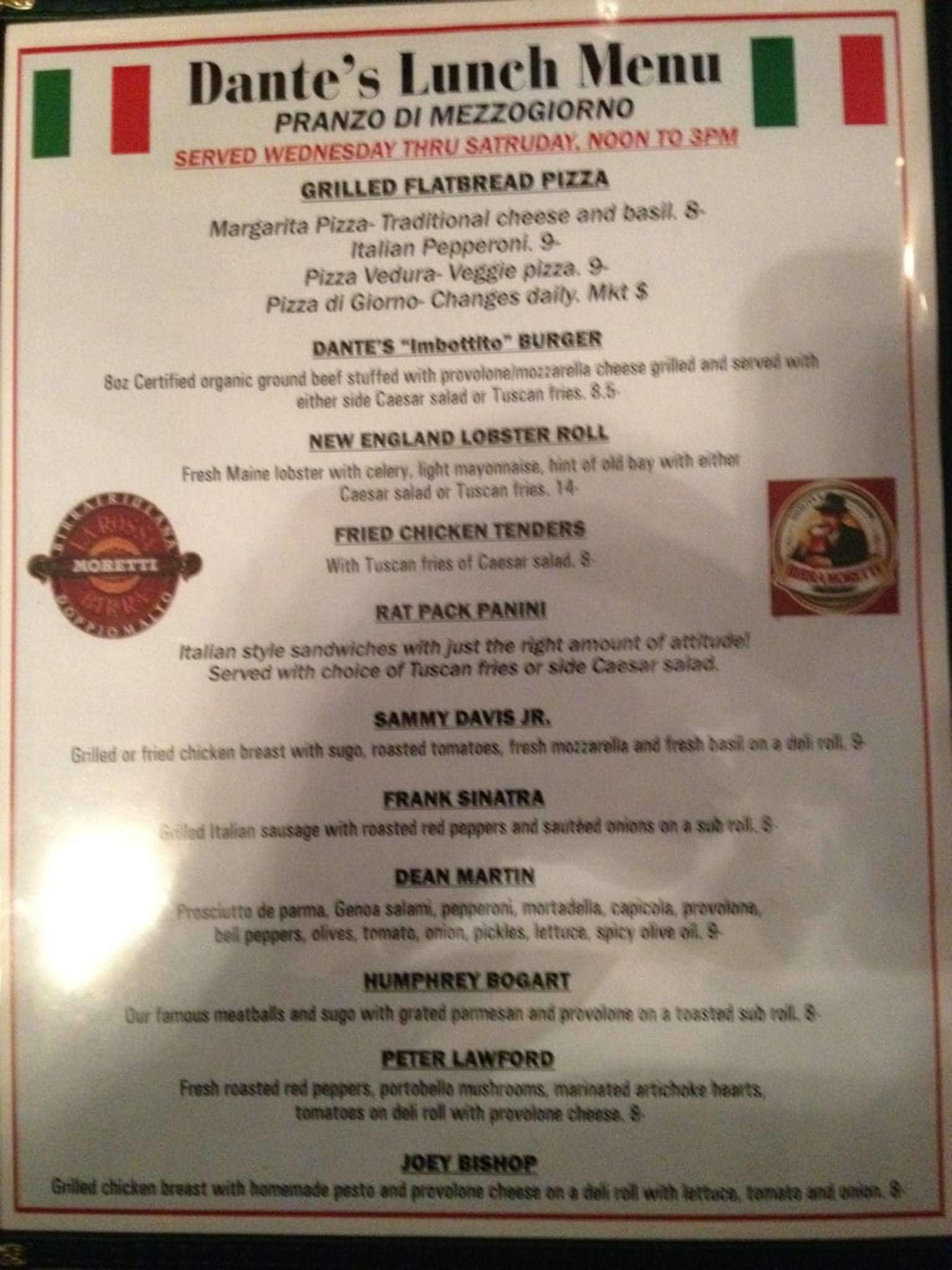 Menu at Dante's Pasta and Vino pub & bar, Barrington, 567 Route 125