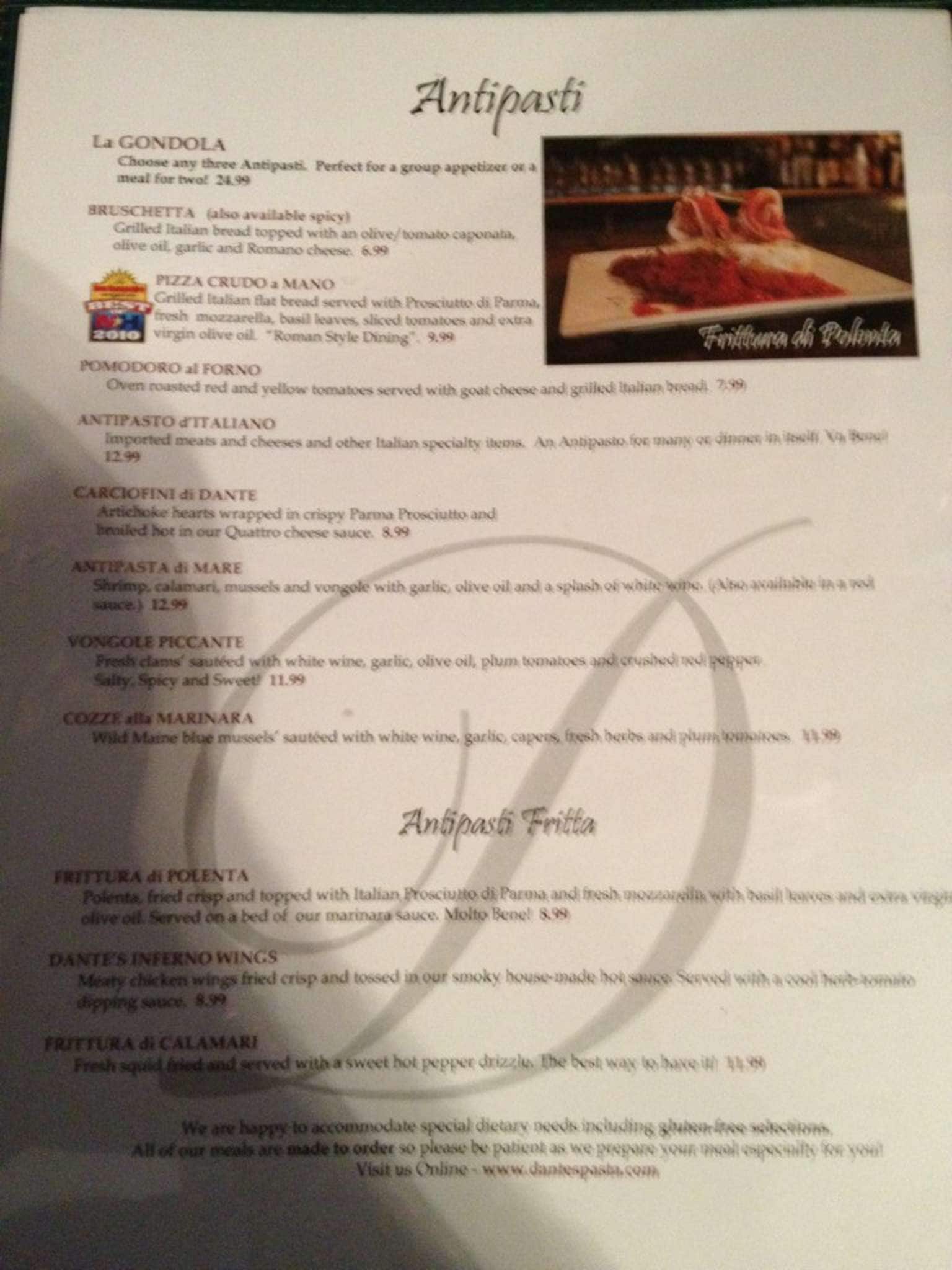 Menu at Dante's Pasta and Vino pub & bar, Barrington, 567 Route 125
