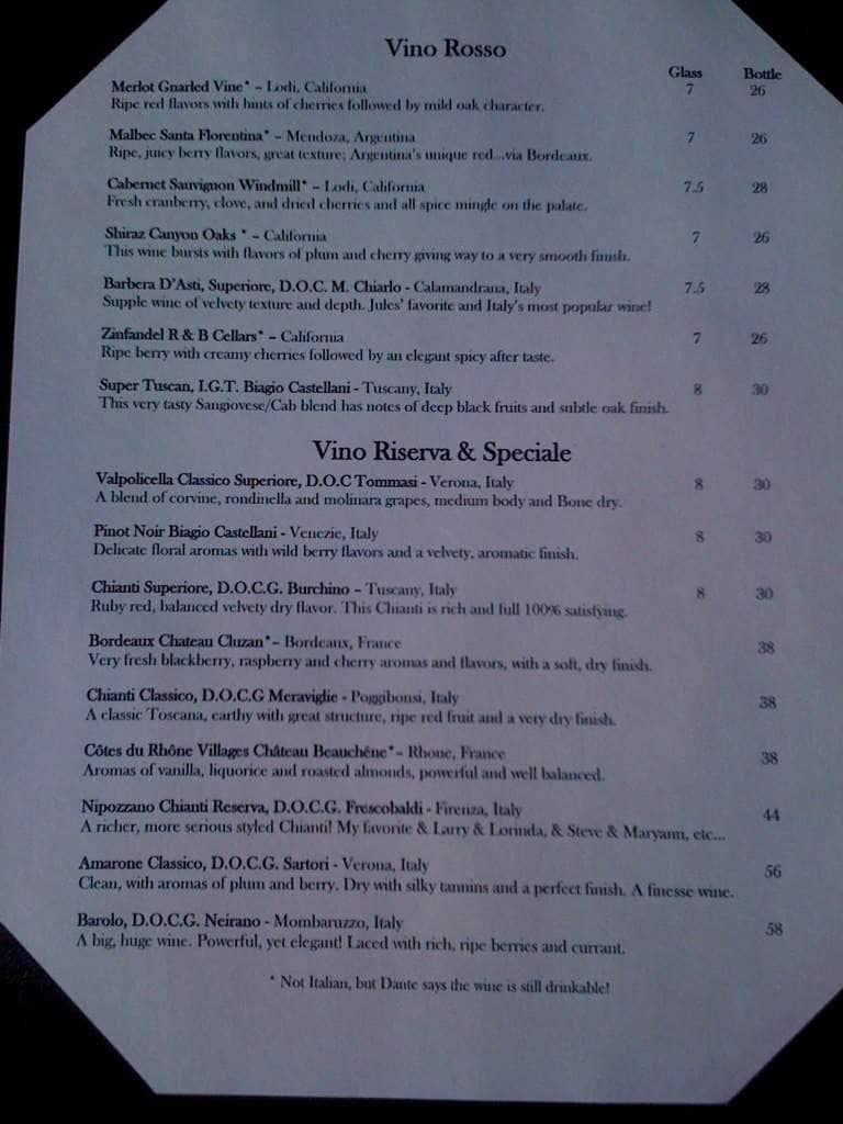 Menu at Dante's Pasta and Vino pub & bar, Barrington, 567 Route 125