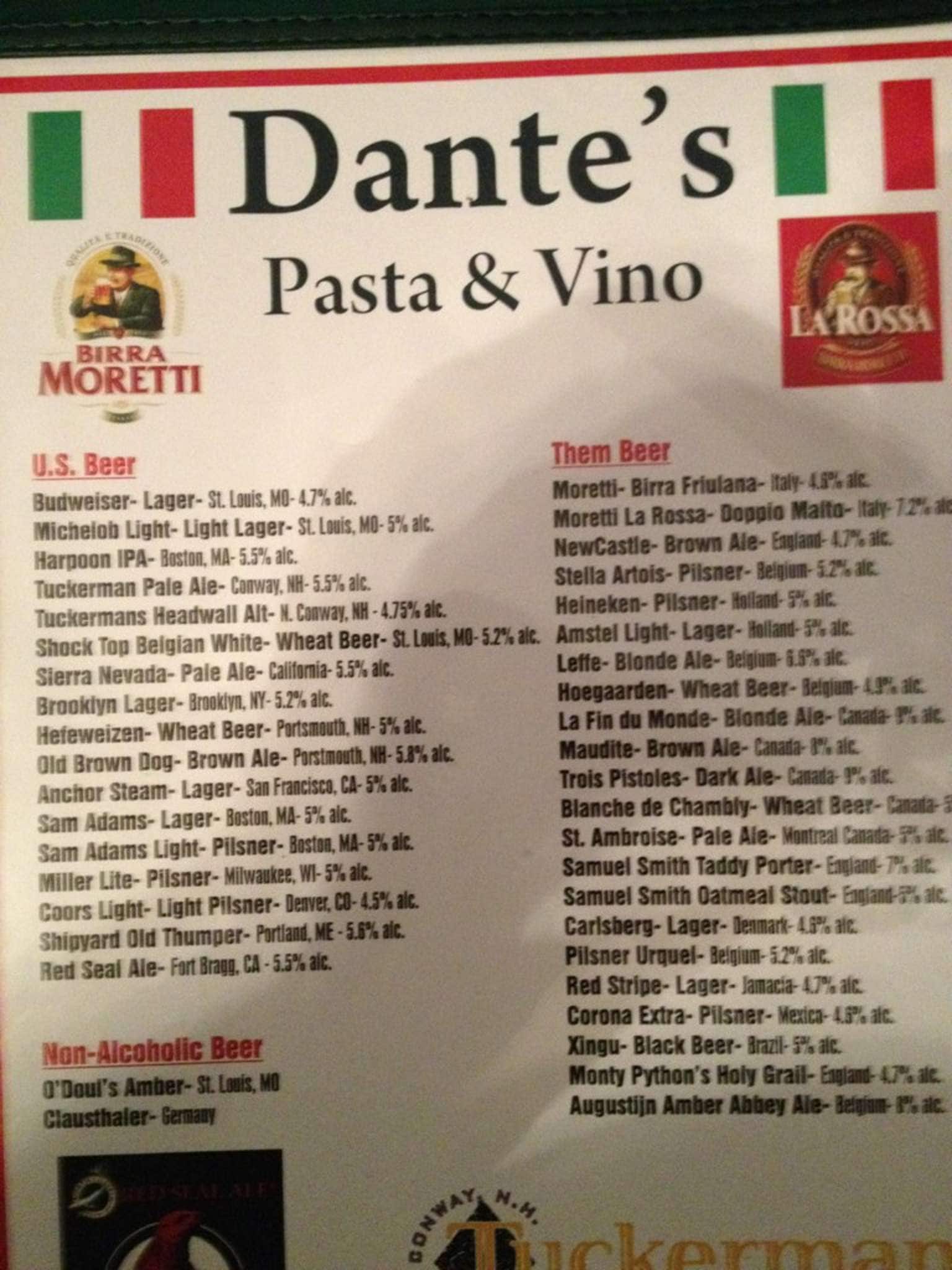 Menu at Dante's Pasta and Vino pub & bar, Barrington, 567 Route 125