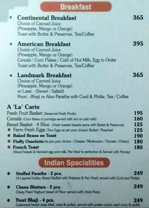 Menu at Hotel Landmark NX, Gwalior