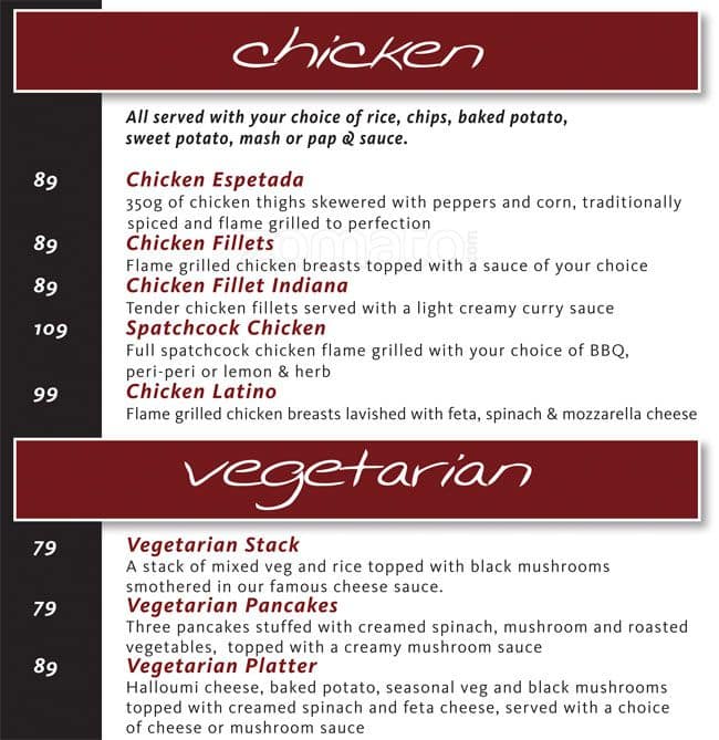 Menu at Coco Bongo restaurant, Randburg