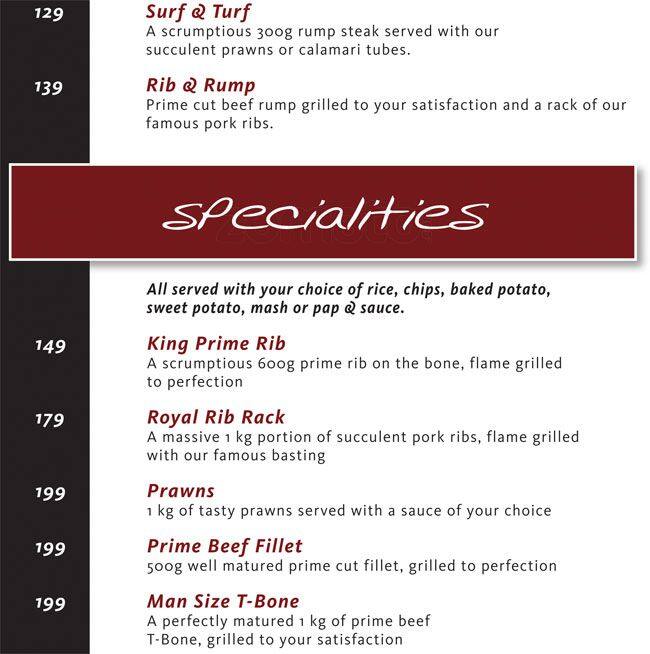 Menu at Coco Bongo restaurant, Randburg