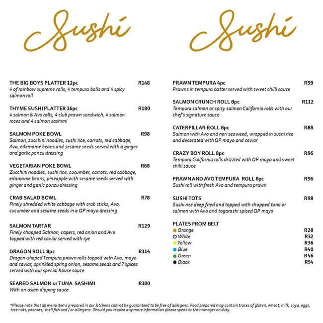 Menu at Thyme On Nicol restaurant, Johannesburg