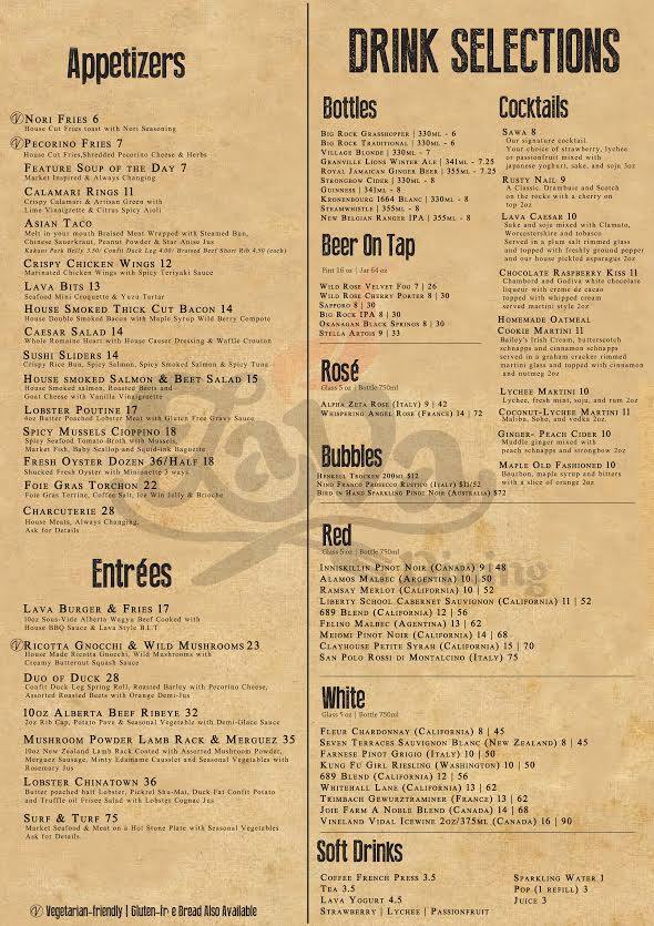Lava Dining Menu, Menu for Lava Dining, Kensington, Calgary