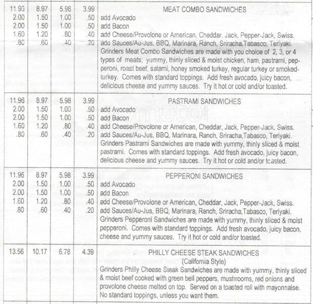 Menu at Grinders Submarine Sandwiches, Oakland