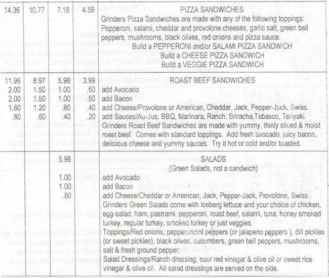 Menu at Grinders Submarine Sandwiches, Oakland