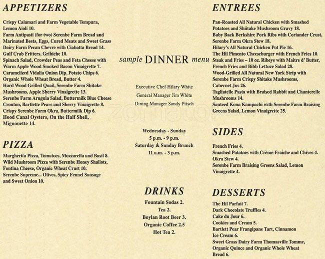 Menu at The Hill restaurant, Chattahoochee Hills