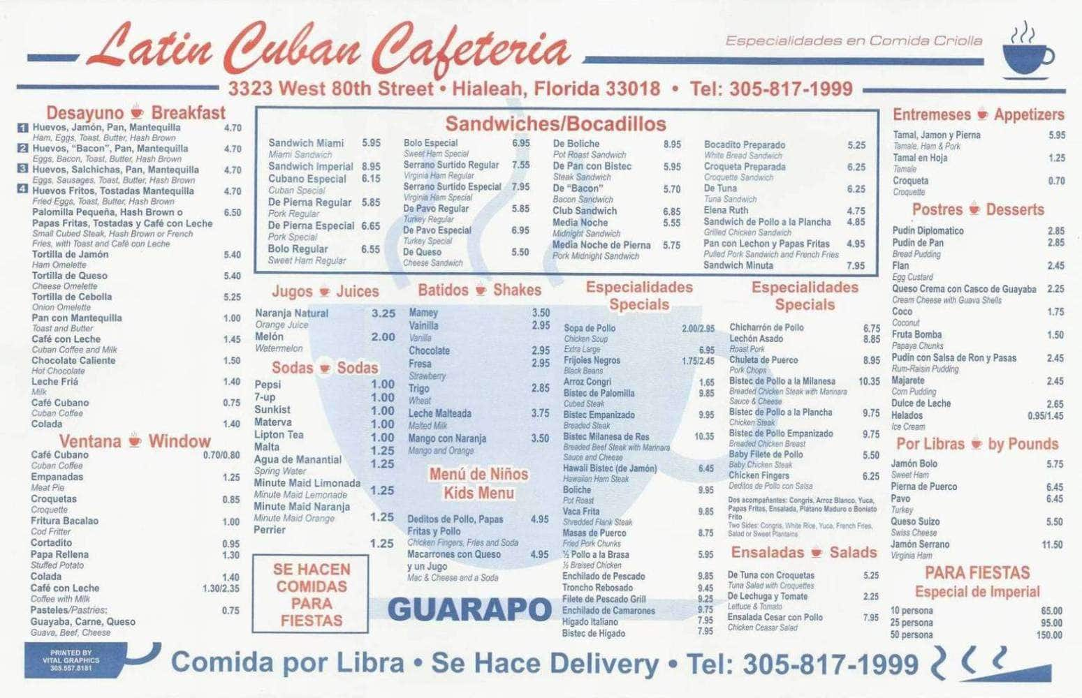 Latin Cuban Cafeteria Menu Menu For Latin Cuban Cafeteria