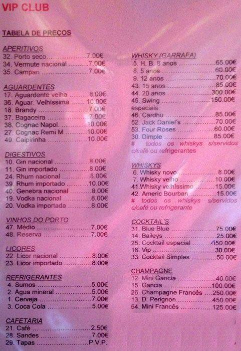 Menu em Vip Club, Porto