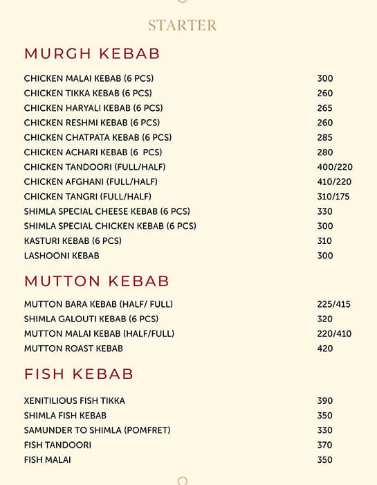 Shimla Biryani menu