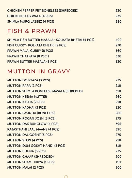 Shimla Biryani menu