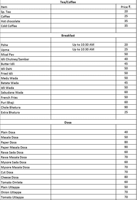 Sarathi Veg Restaurant menu