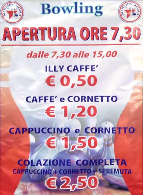 Menu di Bowling Roma Tiam 
