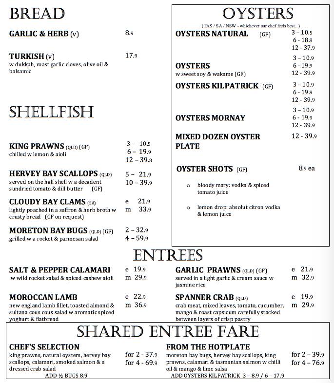 Yellowfin Seafood Restaurant Menu - Urbanspoon/Zomato