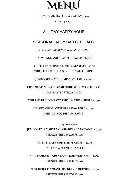 City Lobster & Steak Menu, Menu for City Lobster & Steak, Gramercy, New