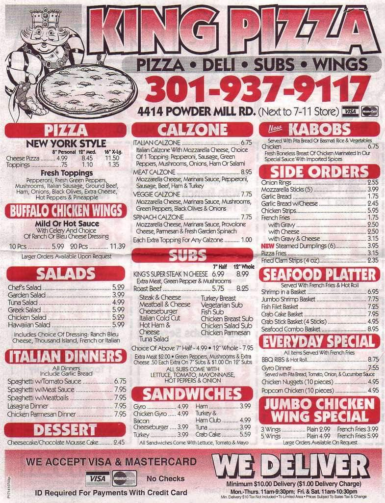 King Pizza Menu, Menu for King Pizza, Beltsville, Prince