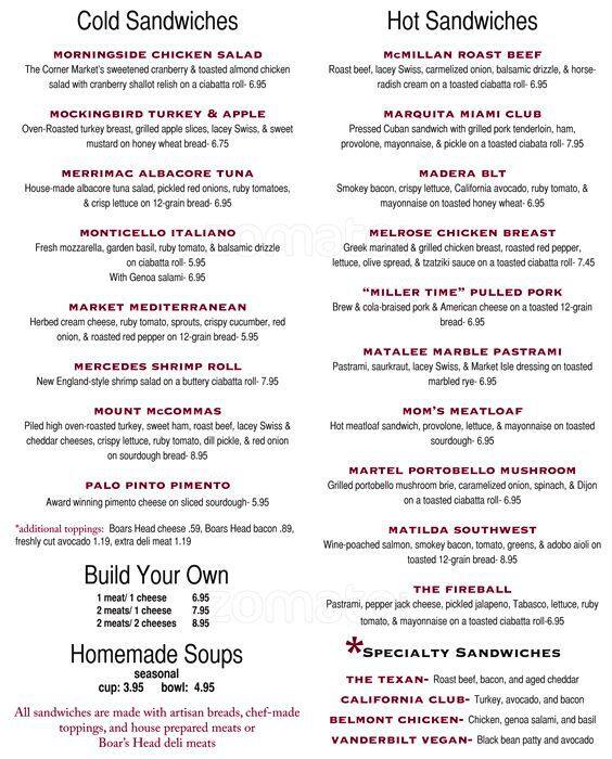 The Corner Market menu, Menu restauracji The Corner Market, Lower