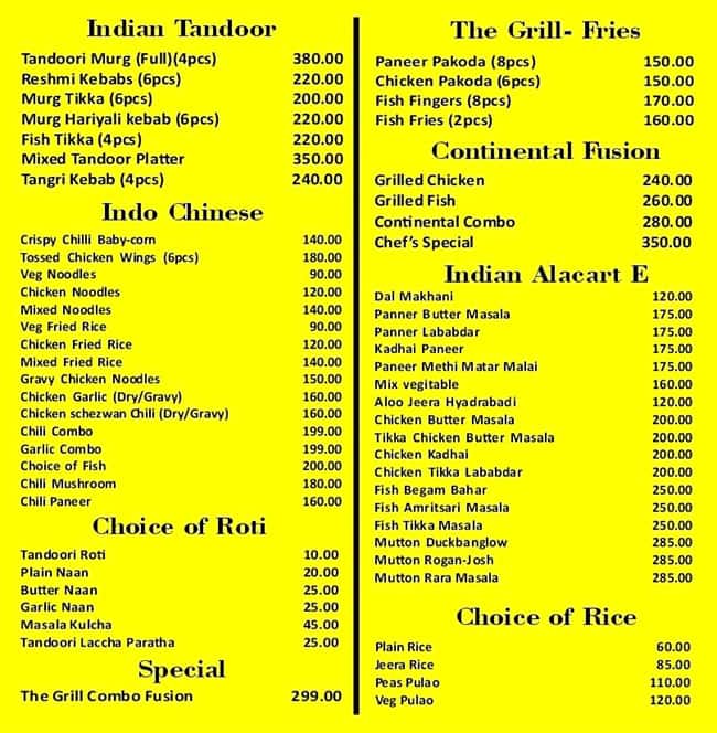 Menu of The Grill, Dum Dum, Kolkata