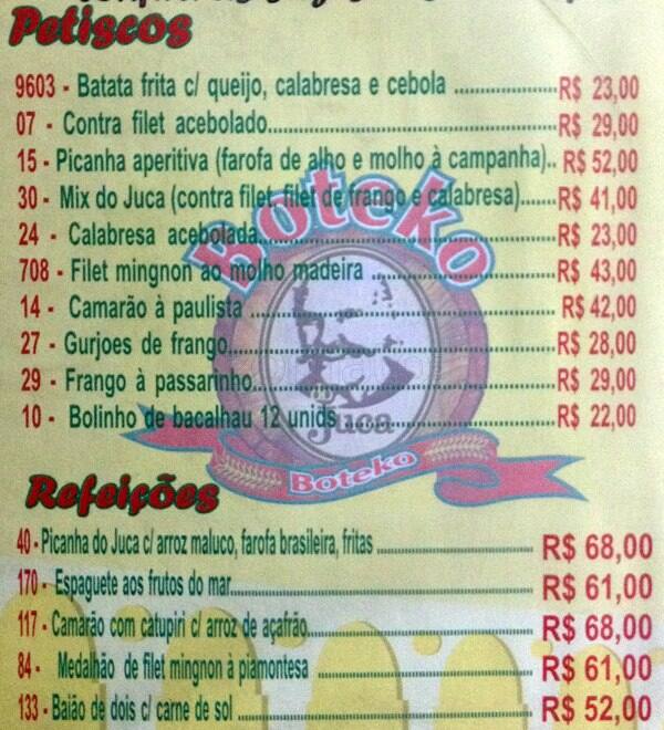 Boteko do Juca cardápio