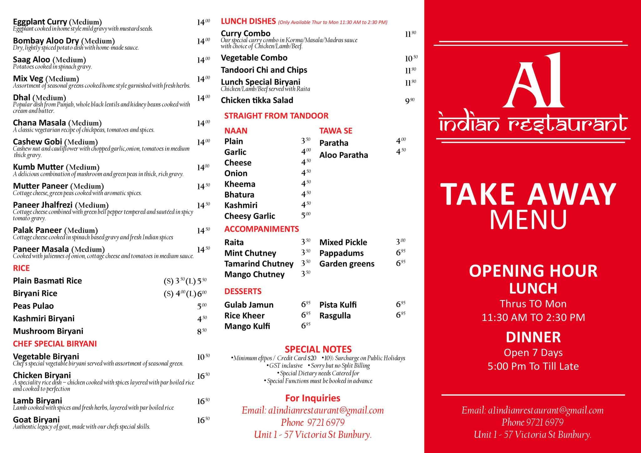 Menu at A1 Indian Restaurant, Bunbury