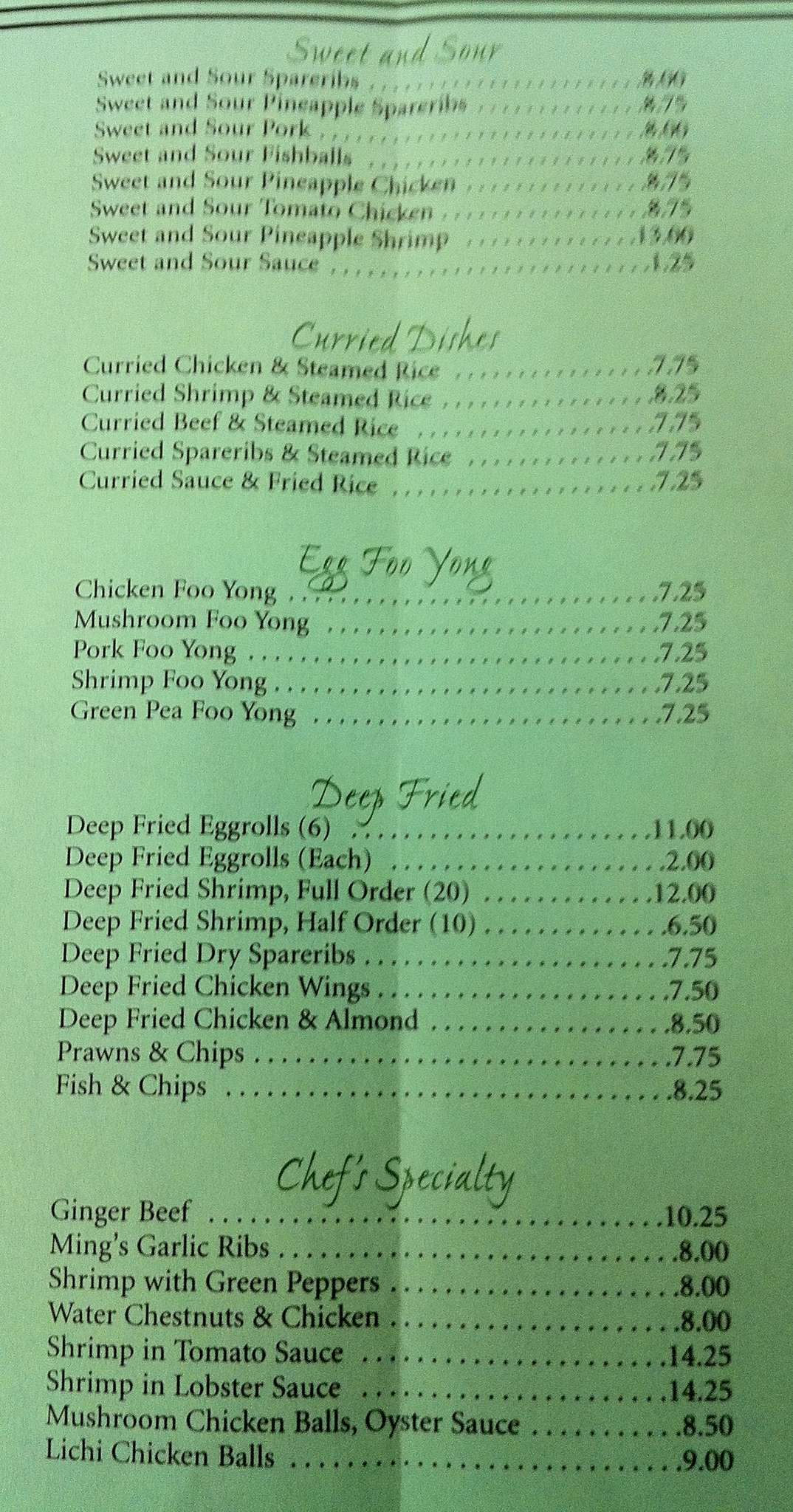 Menu at Ming's Kitchen restaurant, Saskatoon