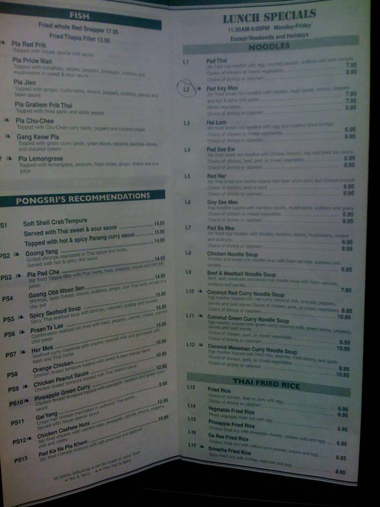 Pongsri Thai Restaurant Menu, Menu for Pongsri Thai Restaurant, Lower