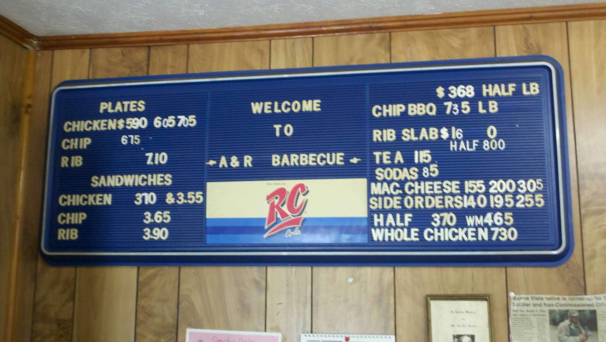 A & R BBQ Menu, Menu for A & R BBQ, Buena Vista, Buena Vista