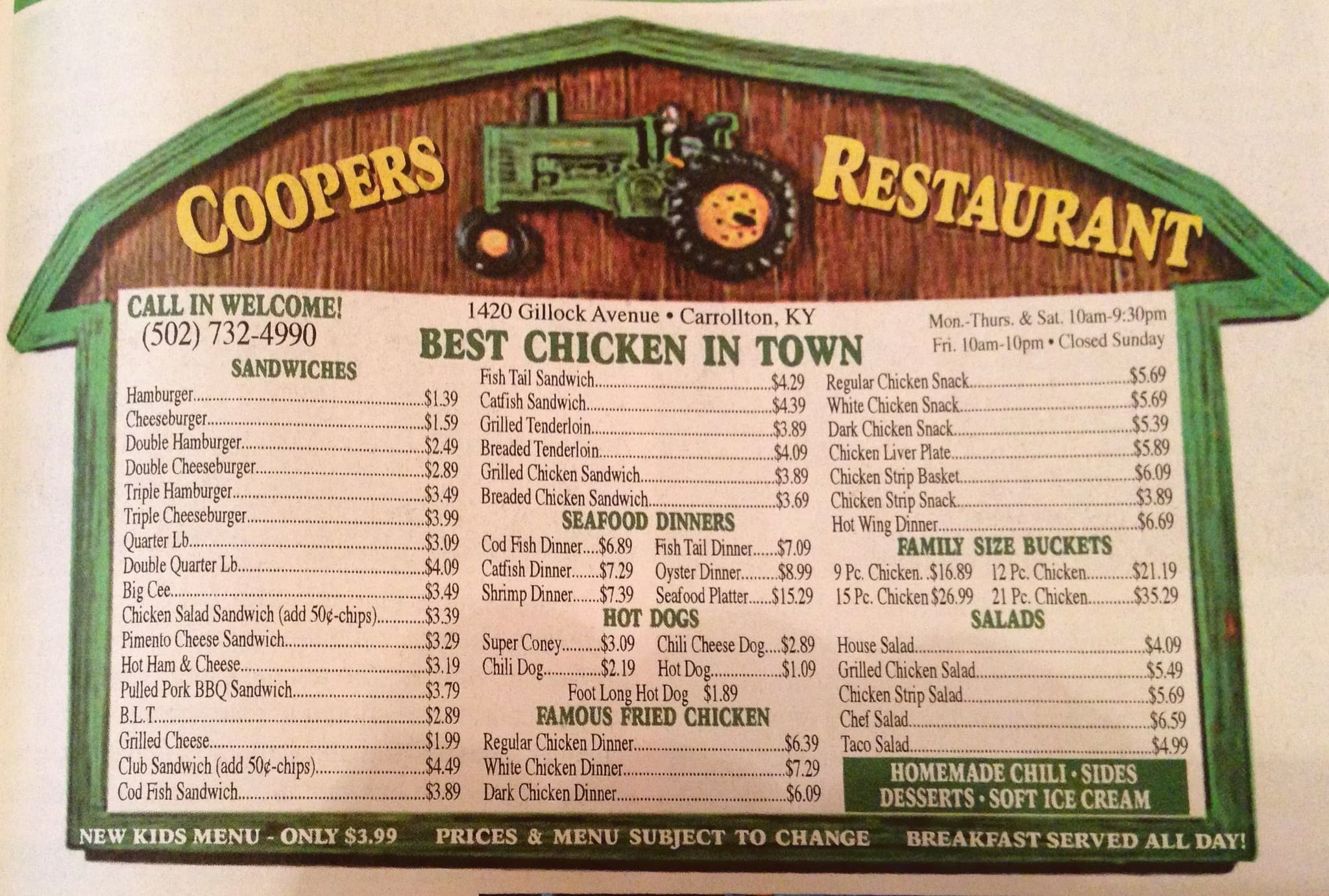 Cooper's Restaurant Menu, Menu for Cooper's Restaurant, Carrollton