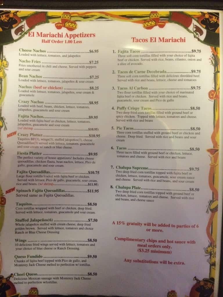 Menu at El Mariachi restaurant, Bossier City
