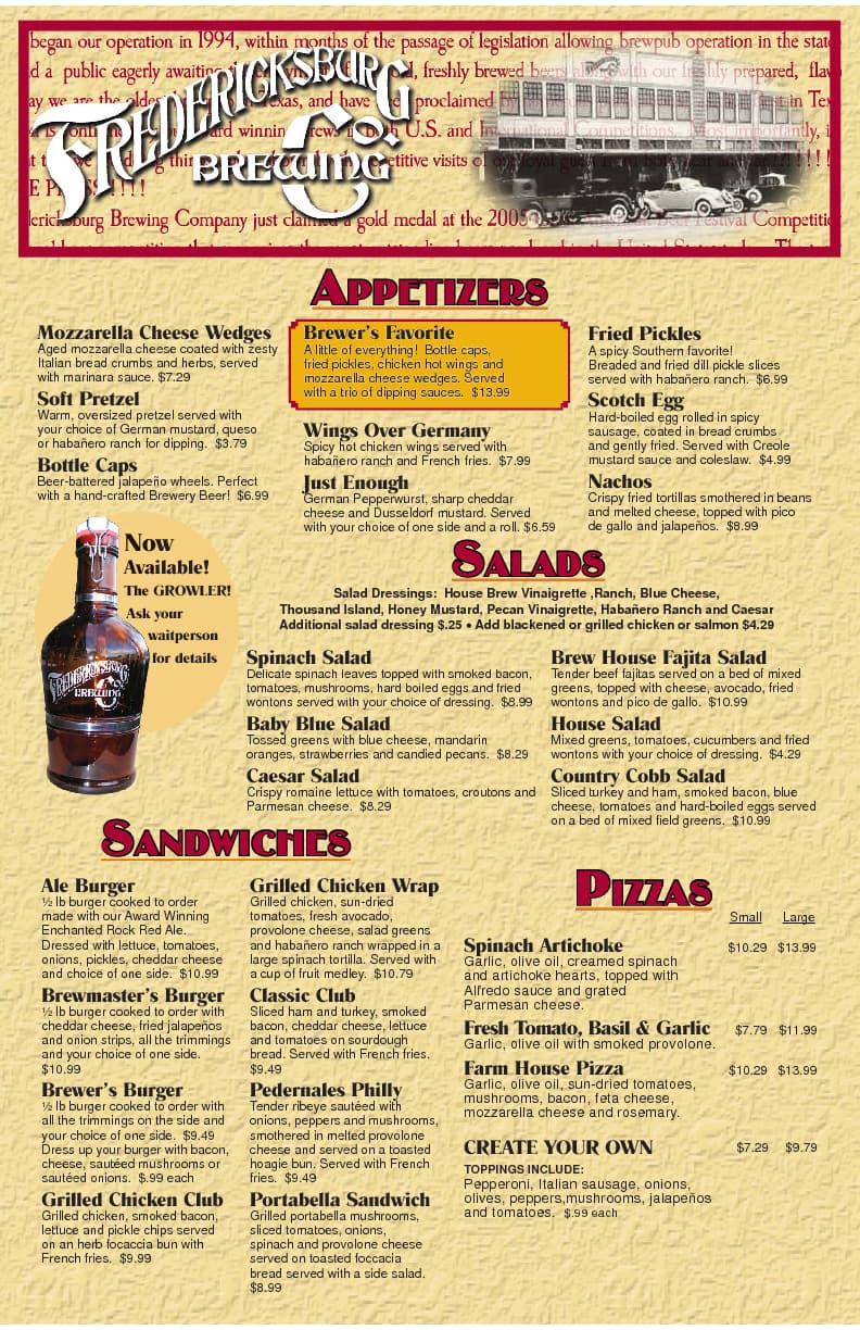 Menu at Fredericksburg Brewing Company restaurant, Fredericksburg