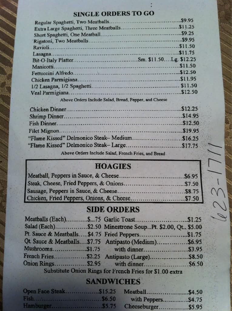 Menu at Minard's Spaghetti Inn restaurant, Clarksburg