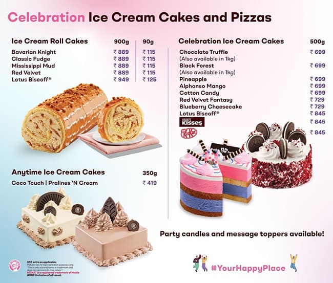 Menu of Gourmet Ice Cream Cakes by Baskin Robbins