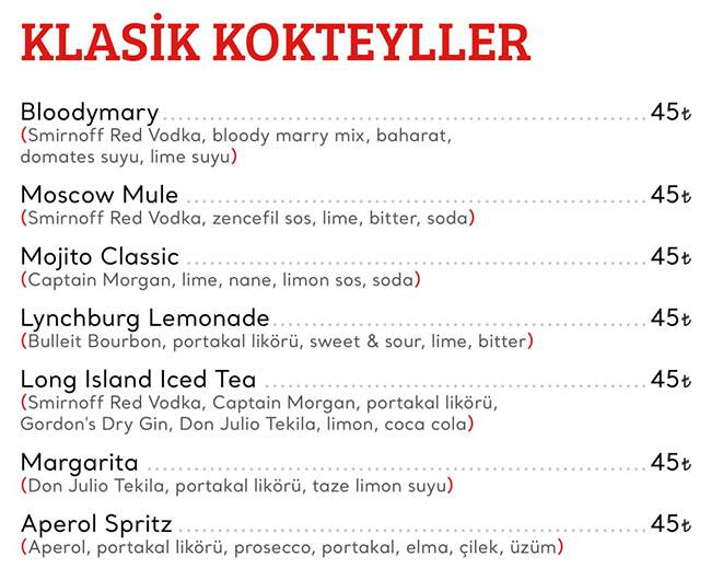 Cookshop menu