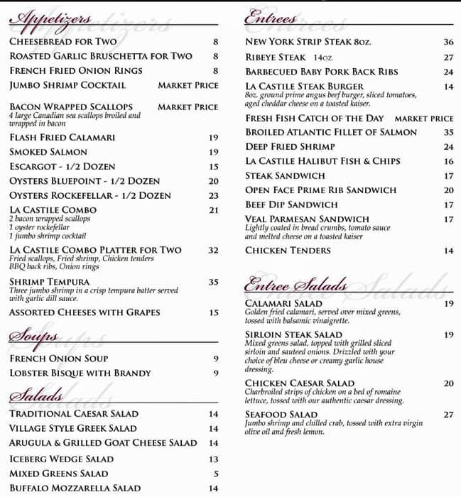 Menu at La Castile steakhouse, Mississauga