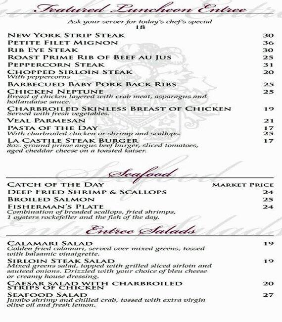 Menu at La Castile steakhouse, Mississauga