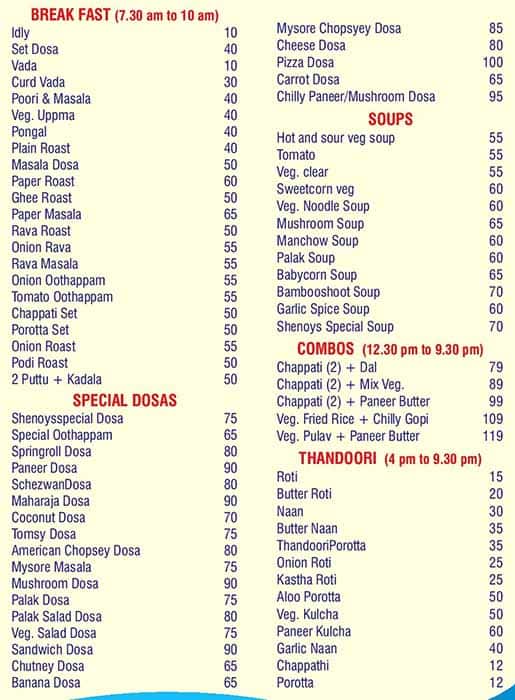 Menu at Shenoy's Pure Veg Hotel, Aluva