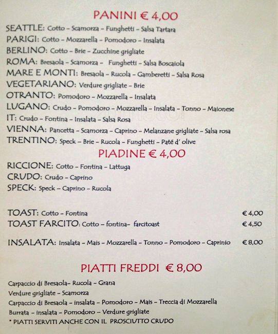 Speisekarte von Dolly Bar, Mailand