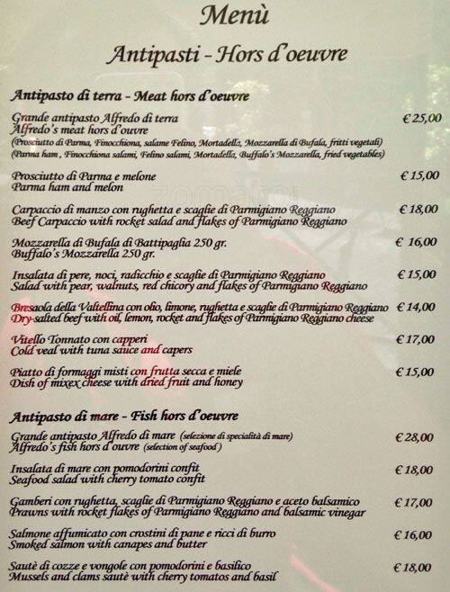 Alfredo alla Scrofa Menü, Alfredo alla Scrofa, Spagna, Roma için Menü