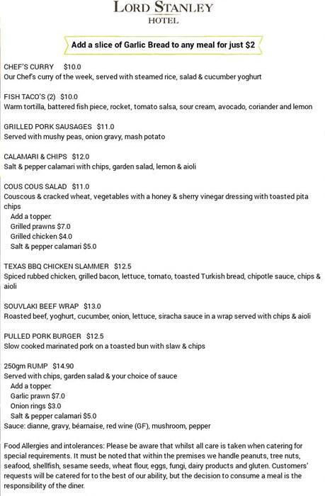 Menu At Lord Stanley Hotel Restaurant East Brisbane Lord Stanley Hotel Menu