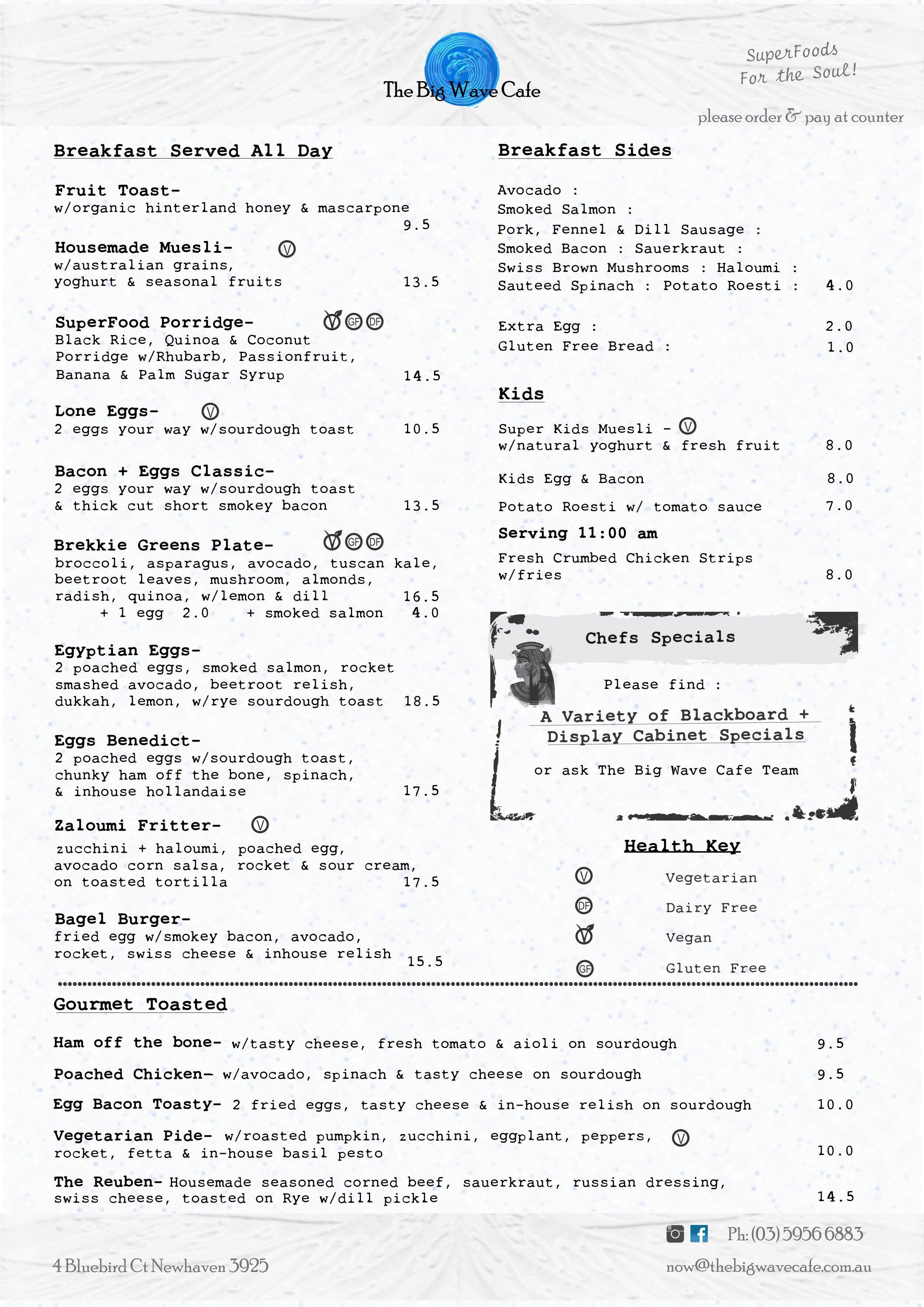 The Big Wave Cafe Menu, Menu untuk The Big Wave Cafe, Phillip Island