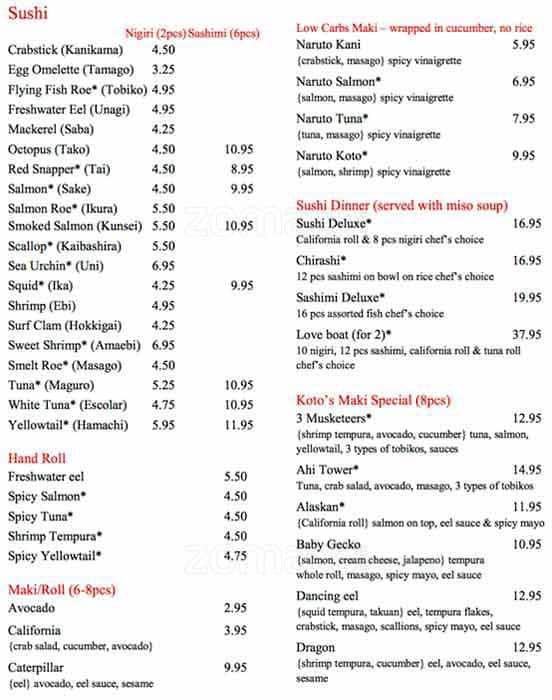 Menu at Koto Japanese Steakhouse & Sushi, Norman