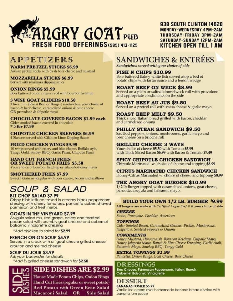 The Angry Goat Pub Menu, Menu for The Angry Goat Pub, Swillburg, Rochester Urbanspoon/Zomato