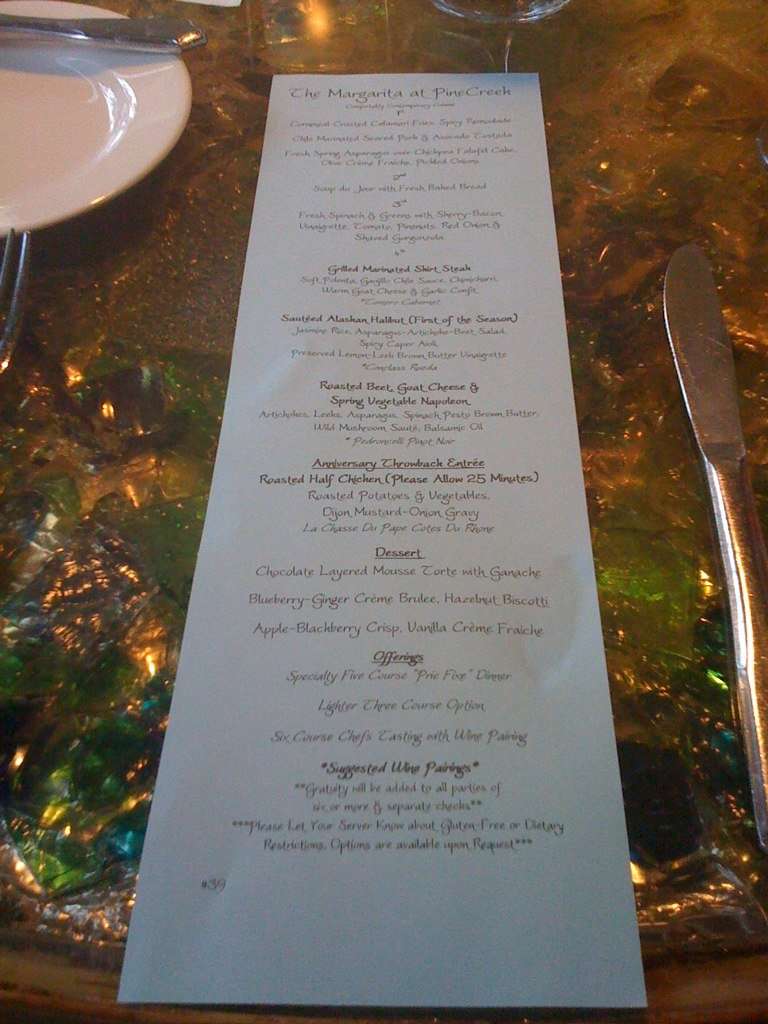 Menu at The Margarita at Pine Creek restaurant, Colorado Springs