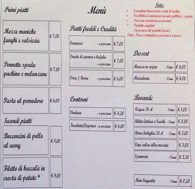 Menu di Caffè Tornatora 